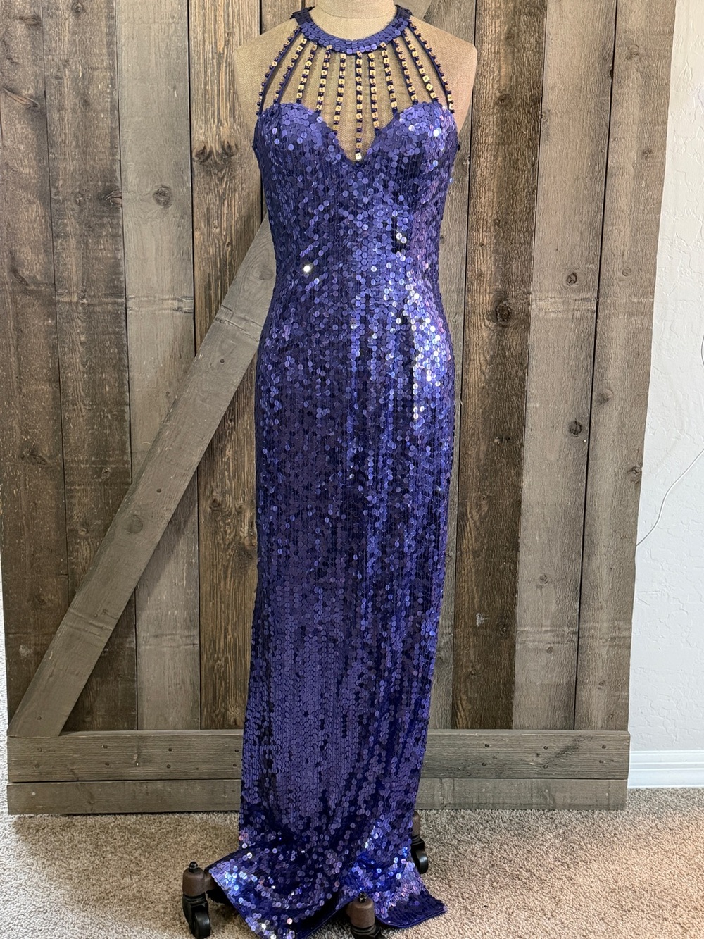 Vintage Niteline Sequin Gown Purple Blue Beaded Cage Neck Y2K Formal Glam Gala 6 - Picture 2 of 16